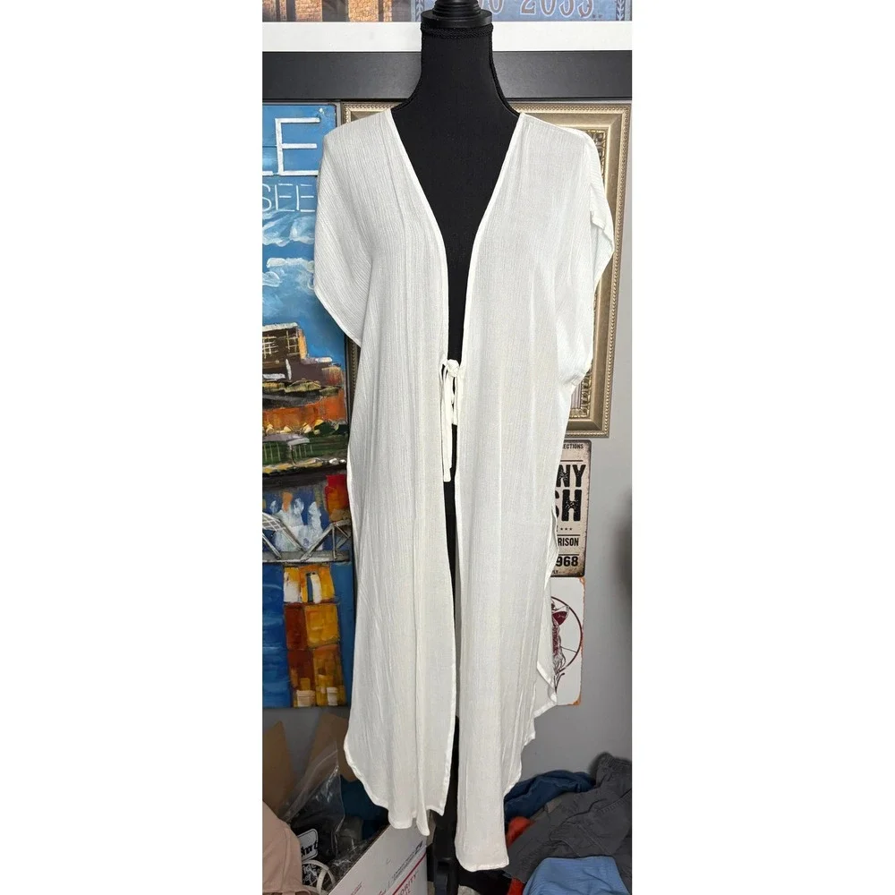 Coastal White Crinkle Rayon Beachwear Swim Cover Up Tie NEW Kimono XXL-XXXL